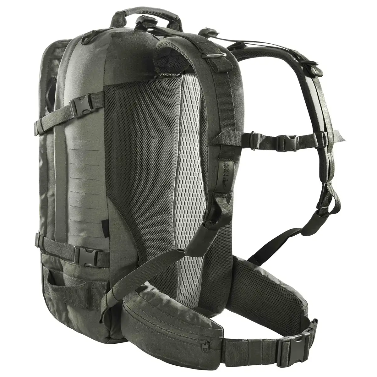 Tasmanian Tiger TT Mission Pack MKII IRR Rucksack in Grau von Tasmanian mit gepolsterten Schultergurten, Netzrücken und Hüftgurt, hier aus der Rückansicht – ideal für taktische Ausrüstung.