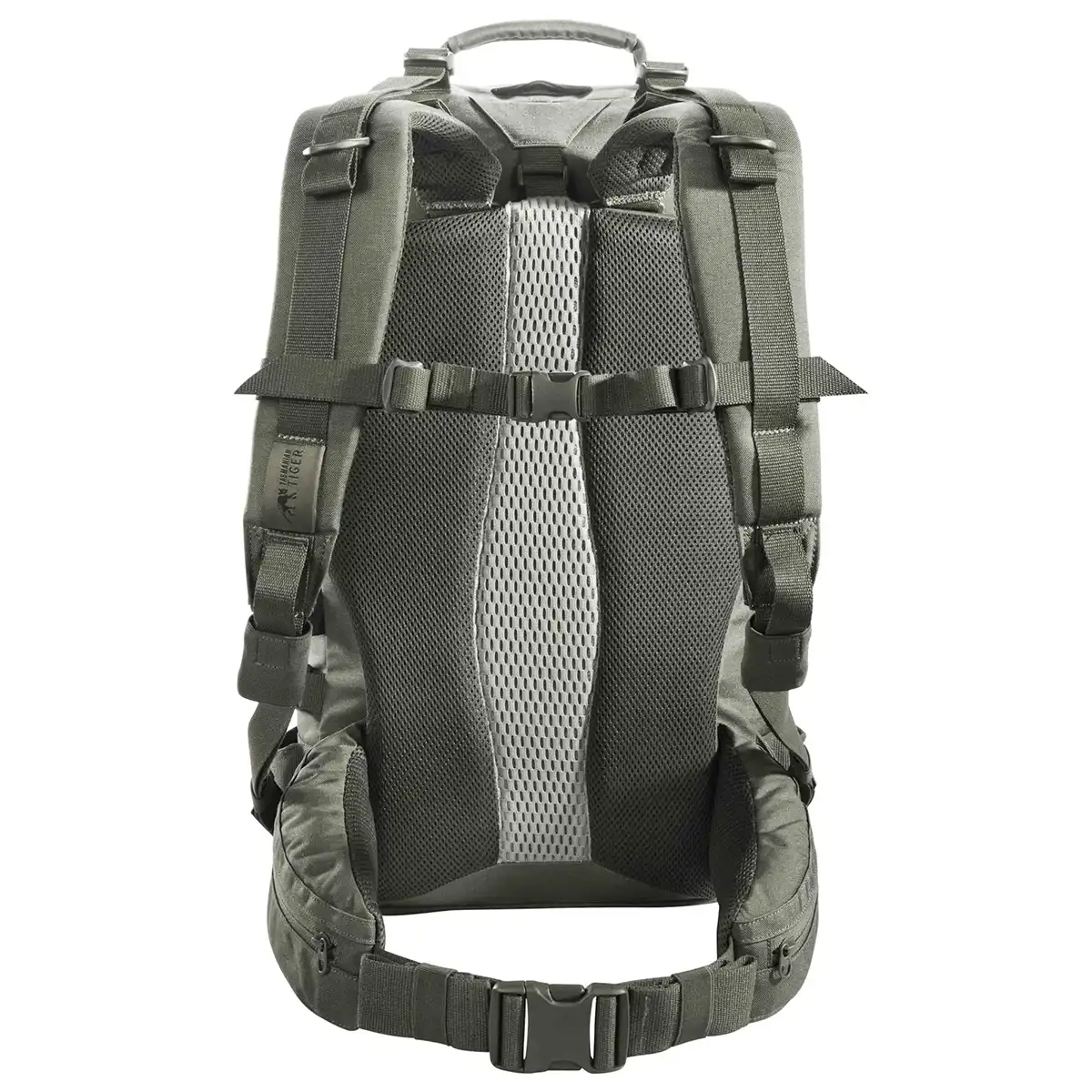 Der Rucksack „Tasmanian TT Mission Pack MKII IRR“ in Grau verfügt über einen gepolsterten Netzrücken, verstellbare Schultergurte und einen Hüftgurt – perfekt für den Einsatz mit taktischer Ausrüstung. Von hinten betrachtet ist er eine ideale Wahl von Tasmanian.