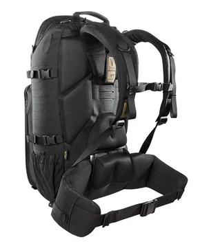Der „Tasmanian Tiger TT Einsatzrucksack – schwarz“ von Tasmanian verfügt über gepolsterte Schultergurte, einen Hüftgurt, zahlreiche Verstellriemen und ein MOLLE-System – perfekt für Outdoor-Abenteuer; hier von hinten gesehen.