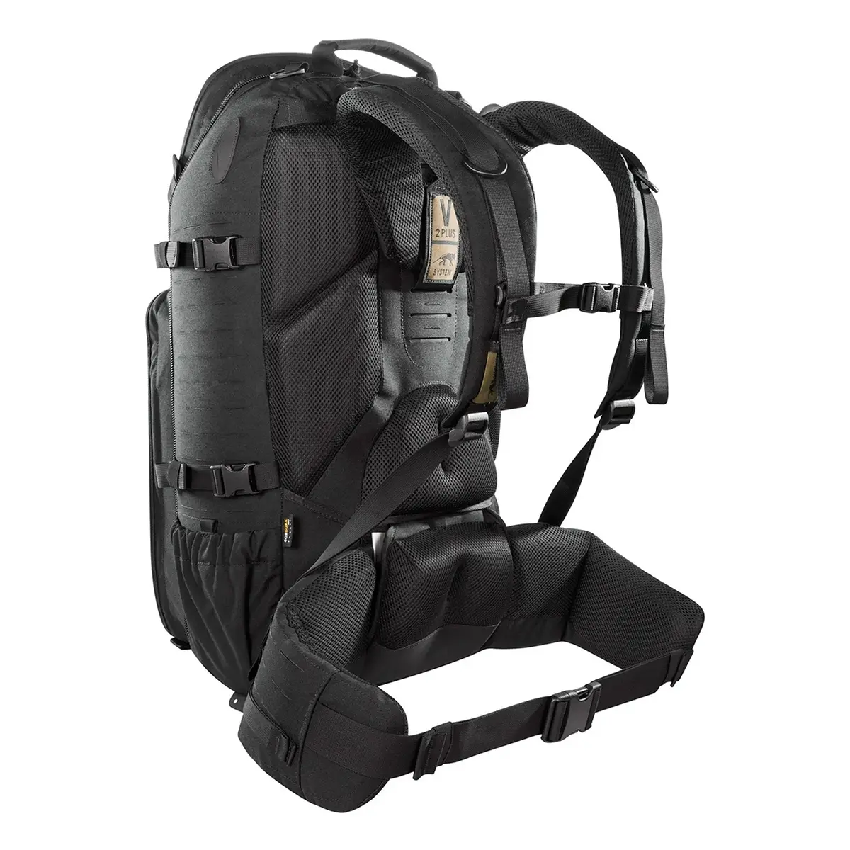 Der „Tasmanian Tiger TT Einsatzrucksack – schwarz“ von Tasmanian verfügt über gepolsterte Schultergurte, einen Hüftgurt, zahlreiche Verstellriemen und ein MOLLE-System – perfekt für Outdoor-Abenteuer; hier von hinten gesehen.