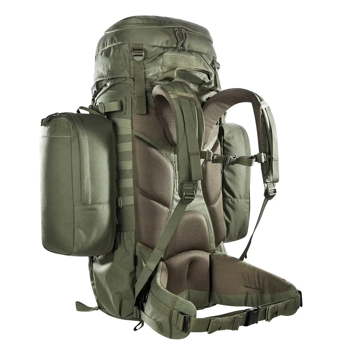 Der „Tasmanian Tiger TT Mil Ops Pack 80+24“ Einsatzrucksack in Grün verfügt über gepolsterte Schultergurte, einen Hüftgurt und zahlreiche Fächer – ideal für Survival-Abenteuer. Von Tasmanian von hinten gezeigt.