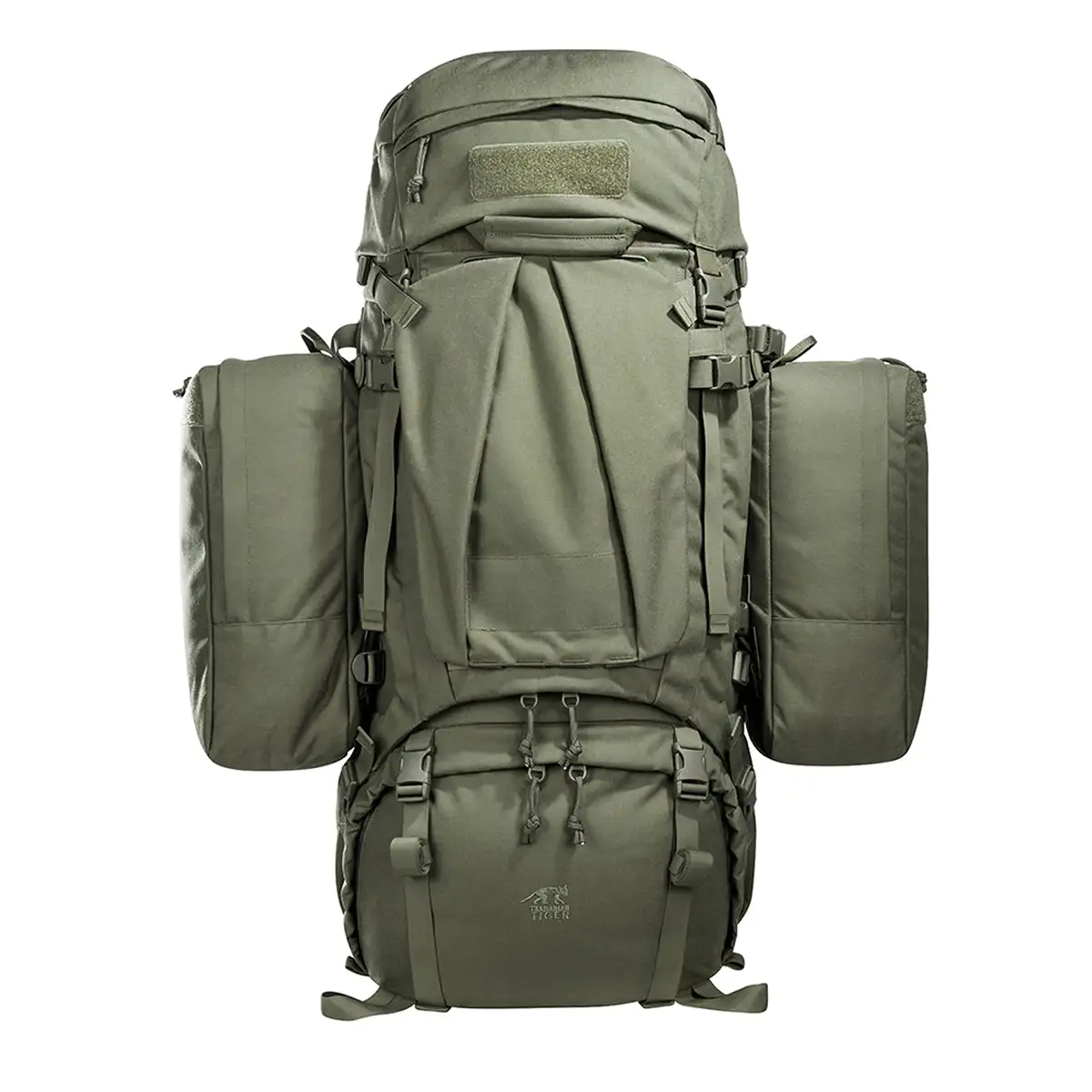 Der „Tasmanian Tiger TT Mil Ops Pack 80+24 Einsatzrucksack – grün“ von Tasmanian verfügt über mehrere Fächer und Seitentaschen und eignet sich daher ideal für Survival-Abenteuer. Hier auf weißem Hintergrund abgebildet.