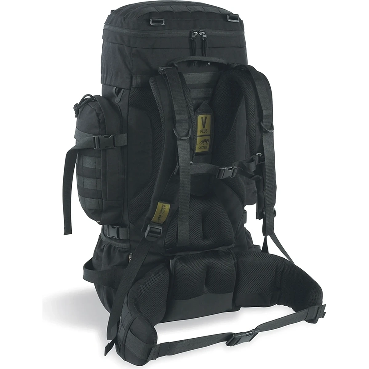 Tasmanian Tiger TT Raid Pack MKIII 52L Militärrucksack in Schwarz mit gepolsterten Schultergurten, zahlreichen Taschen, Hüftgurt und einem Fassungsvermögen von 52 Litern, hier von hinten gesehen.