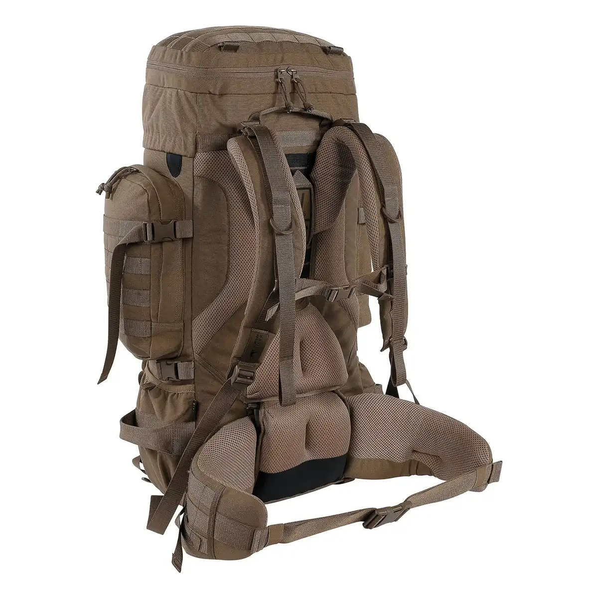 Tasmanian Tiger TT Raid Pack MKIII 52L Militärrucksack in Braun, mit gepolsterten Schultergurten, V2 Plus-Tragesystem, Hüftgurt und mehreren Fächern. Abgebildet ist die Rückansicht.