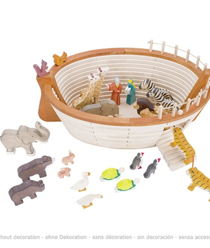Die Holztiger 80600 Arche Noah, natur/braun von Holztiger enthält Tierfiguren, Noah und eine Frau - ideal für Rollenspiele, bei denen einige Tiere im Inneren und andere außerhalb der Arche warten.