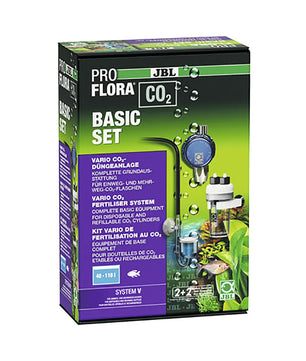 Schachtel mit JBL PROFLORA CO2 BASIS SET V Düngeanlage - schwarz von JBL, mit Abbildung der CO2-Anlage auf grünem Hintergrund für den Einsatz in Süßwasseraquarienanlagen.