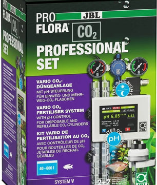 Die JBL PROFLORA CO2 Professional SET V Düngeanlage - schwarz von JBL ist ideal für die automatische CO2/pH-Regelung in Aquarien, mit professioneller Düngeeinrichtung und farbenfrohen Fischdarstellungen.