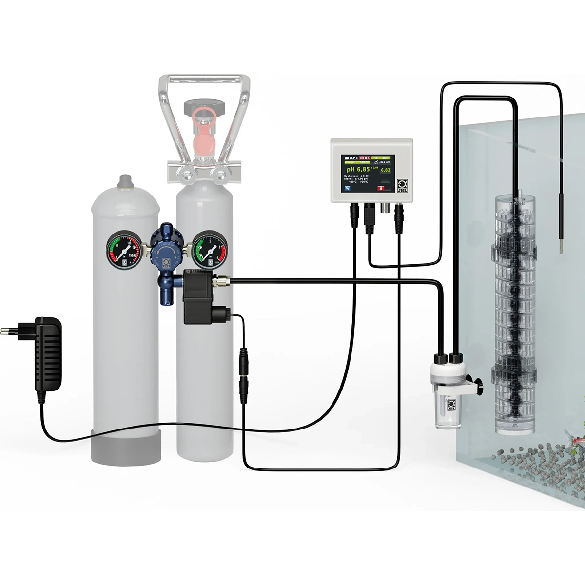 Die JBL PROFLORA CO2 Professional SET V Düngeanlage von JBL in Schwarz enthält Tanks, Messgeräte, Controller und Diffusor - mit automatischer CO2-/pH-Regelung für optimale Wasserwerte im Aquarium.