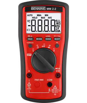 Das Benning MM 2-2 Multimeter - rot von Benning verfügt über ein rotes Gehäuse, einen zentralen Moduswahlschalter, True-RMS-Messung und berührungslose Phasenprüfung für erhöhte Sicherheit.