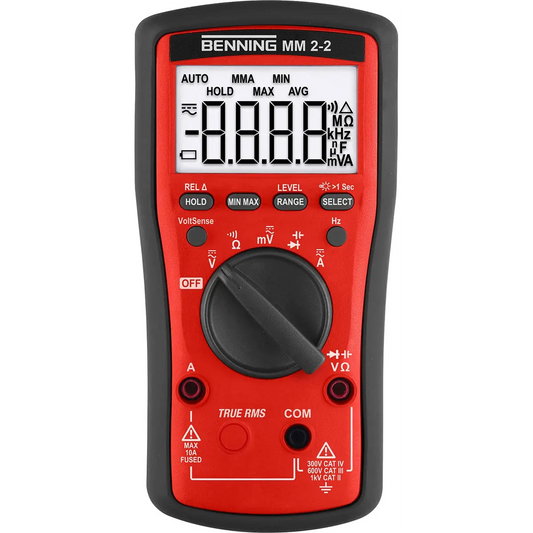 Das Benning MM 2-2 Multimeter - rot von Benning verfügt über ein rotes Gehäuse, einen zentralen Moduswahlschalter, True-RMS-Messung und berührungslose Phasenprüfung für erhöhte Sicherheit.
