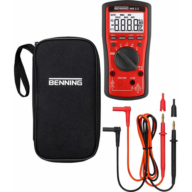 Benning MM 2-2 Multimeter - rot von Benning mit Display, schwarzem Tragekoffer, Messleitungen, Krokodilklemmen und kontaktloser Phasenprüfung für sichere, genaue Messungen.