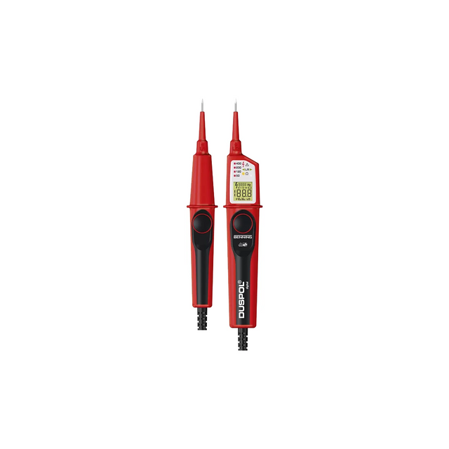 Digitaler Spannungs- und Durchgangsprüfer „Red Benning DUSPOL“ mit Display und zwei Messspitzen, abgebildet auf weißem Hintergrund. Ideal für schnelle und zuverlässige Spannungs- und Durchgangsprüfungen. Marke: Benning.