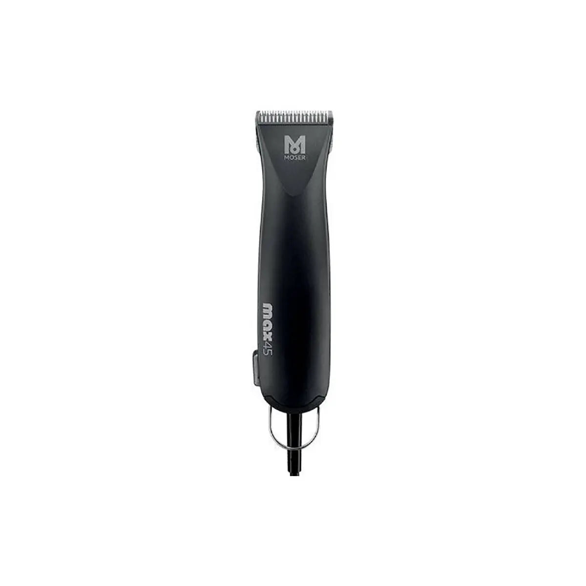 Die „Moser Max 45 Profi-Tierschermaschine“ von Moser ist eine schwarze, kabelgebundene Elektroschermaschine, die aufrecht vor einem schlichten weißen Hintergrund abgebildet ist – eine ideale Wahl für die Fellpflege von Hunden.