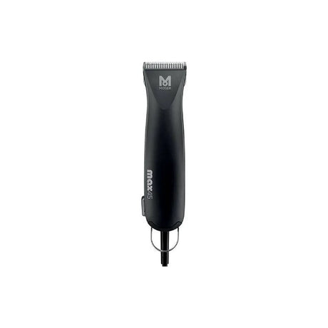 Die „Moser Max 45 Profi-Tierschermaschine“ von Moser ist eine schwarze, kabelgebundene Elektroschermaschine, die aufrecht vor einem schlichten weißen Hintergrund abgebildet ist – eine ideale Wahl für die Fellpflege von Hunden.