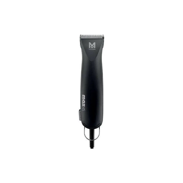 Die „Moser Max 45 Profi-Tierschermaschine“ von Moser ist eine schwarze, kabelgebundene Elektroschermaschine, die aufrecht vor einem schlichten weißen Hintergrund abgebildet ist – eine ideale Wahl für die Fellpflege von Hunden.