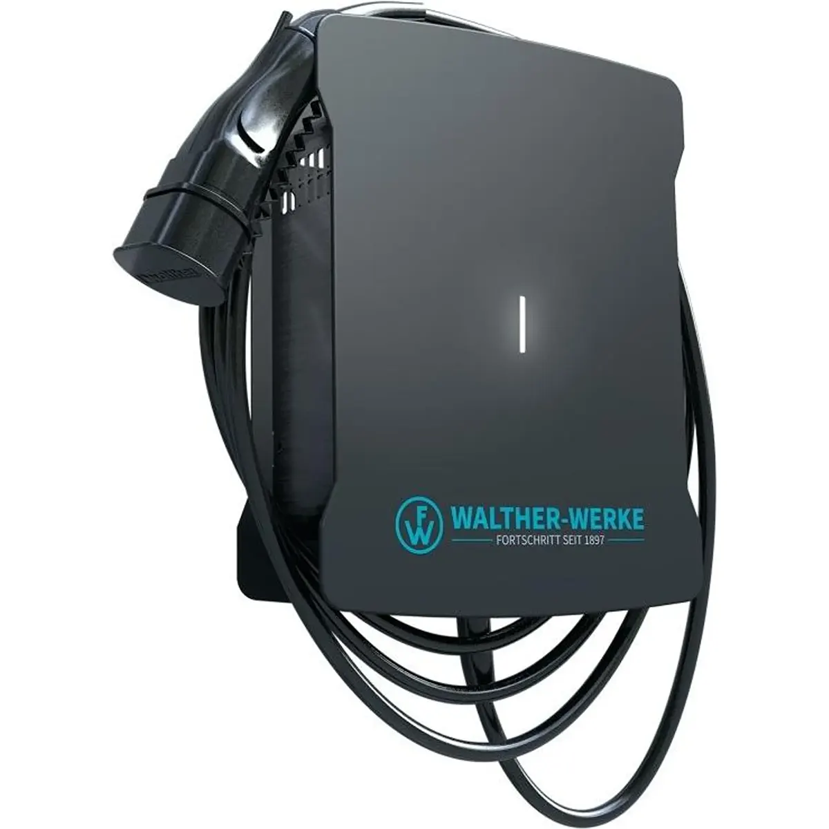 Die Walther-Werke basicEVO PRO 98100133 Wallbox in Grau, mit um das Gerät gewickeltem Kabel und Stecker sowie sichtbarem Branding, bietet eine mühelose 11 kW Plug-and-Play-Ladelösung für Ihr E-Fahrzeug.