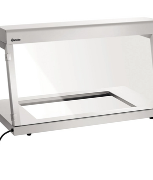 Die Bartscher Wärmebrücke IHR650 Infrarot 0,65kW 1/1 GN ist eine Edelstahl-Wärmestation mit einer transparenten Hustenschutz-Front und einem angeschlossenen Elektrokabel.