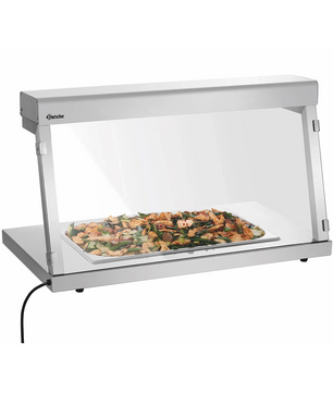 Ein Tablett mit gekochten Speisen unter einem Bartscher Wärmebrücke IHR650 Infrarot 0,65kW 1/1 GN Speisenwärmer mit Edelstahlrahmen und Glasfront.