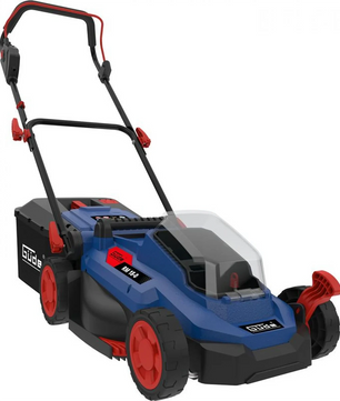 Der Güde Akku-Rasenmäher RM 18-0 von Güde ist ein blau-schwarzer Elektro-Rasenmäher mit roten Rädern und Griff, der über einen bürstenlosen Motor und Kompatibilität mit dem Güde 18V Akkusystem verfügt, abgebildet auf einem weißen Hintergrund.