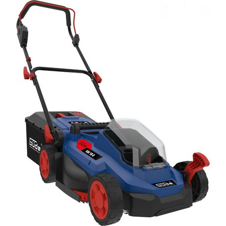 Der Güde Akku-Rasenmäher RM 18-0 von Güde ist ein blau-schwarzer Elektro-Rasenmäher mit roten Rädern und Griff, der über einen bürstenlosen Motor und Kompatibilität mit dem Güde 18V Akkusystem verfügt, abgebildet auf einem weißen Hintergrund.