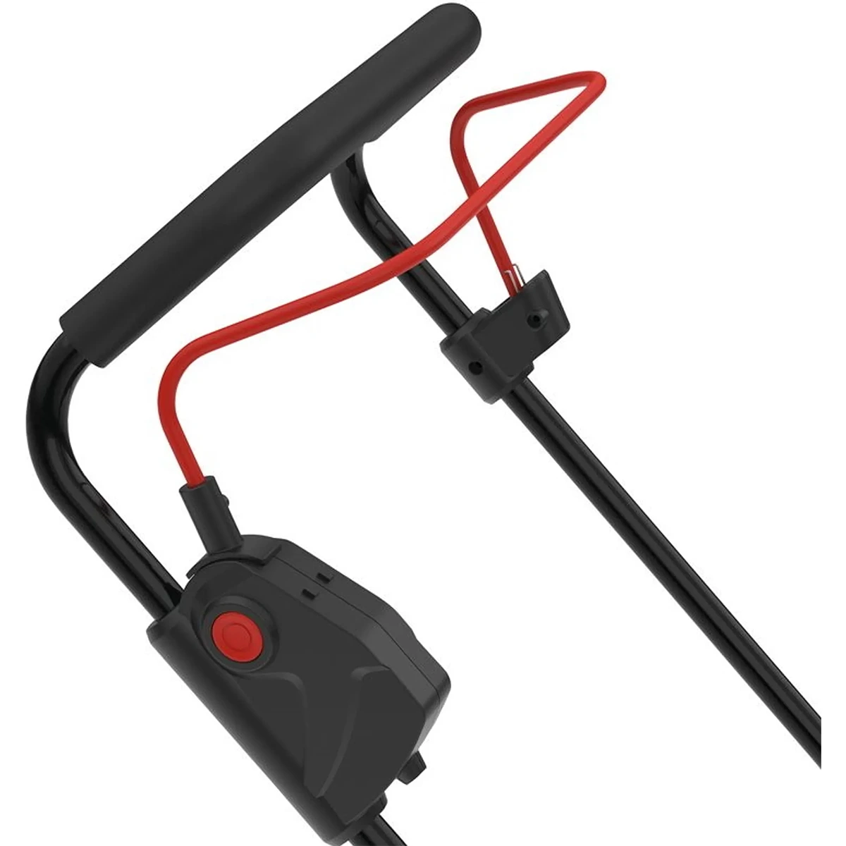 Nahaufnahme eines schwarz-roten Griffs mit Powerknopf, aus dem Güde Akku-Rasenmäher RM 18-0 mit bürstenloser Motortechnik.