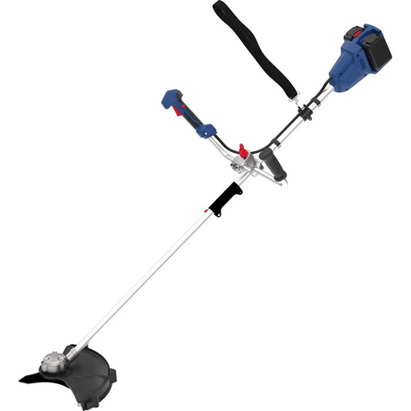 Der Güde Akku-Freischneider FS 36-402-30 ist ein blau-schwarzer Akku-Grasschneider mit bürstenlosem Motor, zwei Handgriffen, Schultergurt und kompatibel mit dem 36 V Güde Akkusystem.