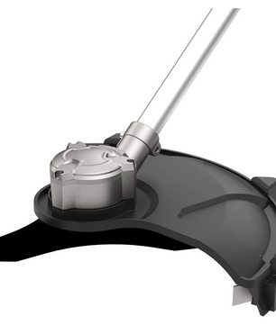 Nahaufnahme des Güde Akku-Freischneiders FS 36-402-30 mit schwarzem Schmutzschutz, Metallwellenaufsatz und modernem bürstenlosen Motor von Güde.