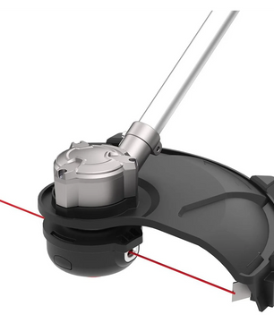 Nahaufnahme des Güde Akku-Freischneiders FS 36-402-30 mit rotem Trimmfaden und schwarzem Schmutzfänger, angetrieben von einem 36 V Akkusystem von Güde.
