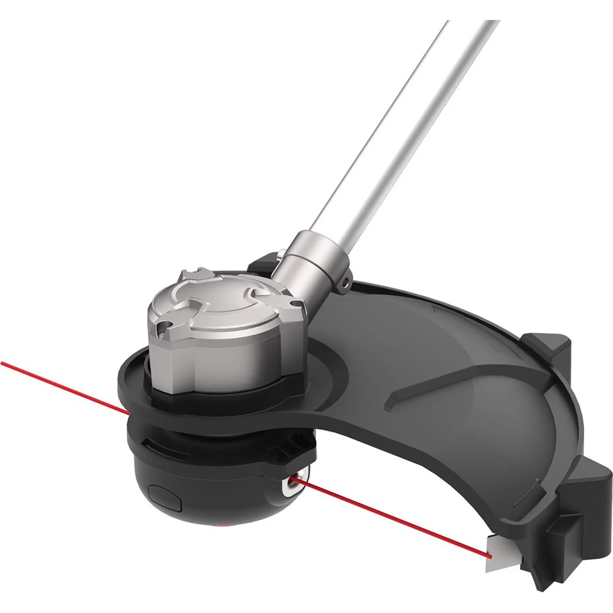 Nahaufnahme des Güde Akku-Freischneiders FS 36-402-30 mit rotem Trimmfaden und schwarzem Schmutzfänger, angetrieben von einem 36 V Akkusystem von Güde.
