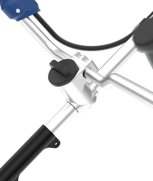 Nahaufnahme des Metall-Lenkeranschlusses mit schwarzem Einstellknopf und rotem Griff am Güde Akku-Freischneider FS 36-402-30, der mit einem leistungsstarken 36-V-Akkusystem ausgestattet ist.