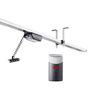 Der SOMMER Duo Vision 500 S3 Garagentorantrieb in Silber ist ein automatischer Garagentoröffner mit Schiene und Wandsteuerung, abgebildet auf weißem Hintergrund.