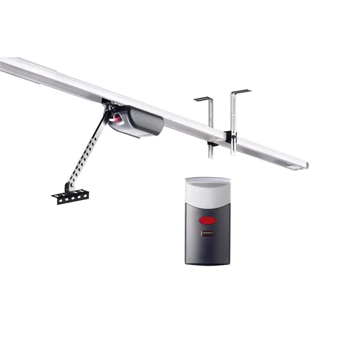 Der SOMMER Duo Vision 500 S3 Garagentorantrieb in Silber ist ein automatischer Garagentoröffner mit Schiene und Wandsteuerung, abgebildet auf weißem Hintergrund.