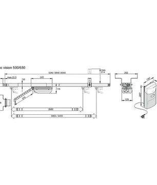Technisches Schema des SOMMER Duo Vision 500 S3 Garagentorantriebs in silber, mit Abmessungen und beschrifteten Bauteilen.