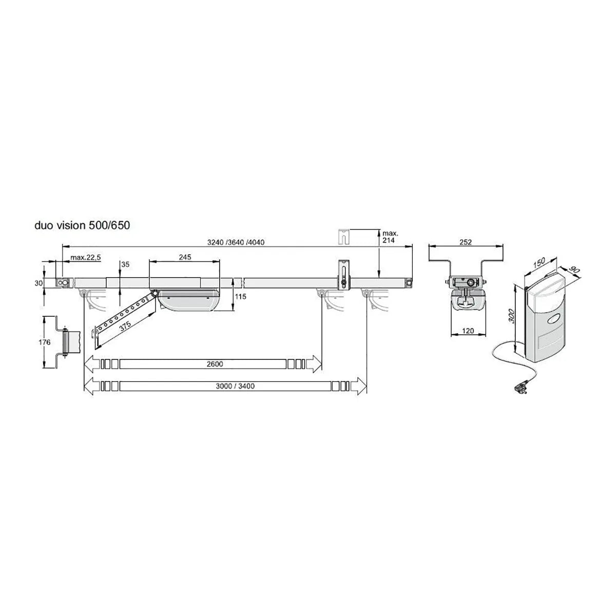Technisches Schema des SOMMER Duo Vision 500 S3 Garagentorantriebs in silber, mit Abmessungen und beschrifteten Bauteilen.