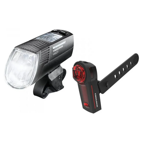 Das TRELOCK LS 760 / LS 740 Vector Signal Vision Leucht-Set - schwarz verfügt über StVZO-geprüfte LED-Front- und Rückleuchten mit Befestigungsgurten für eine sichere Fahrradfahrt. Marke: TRELOCK.