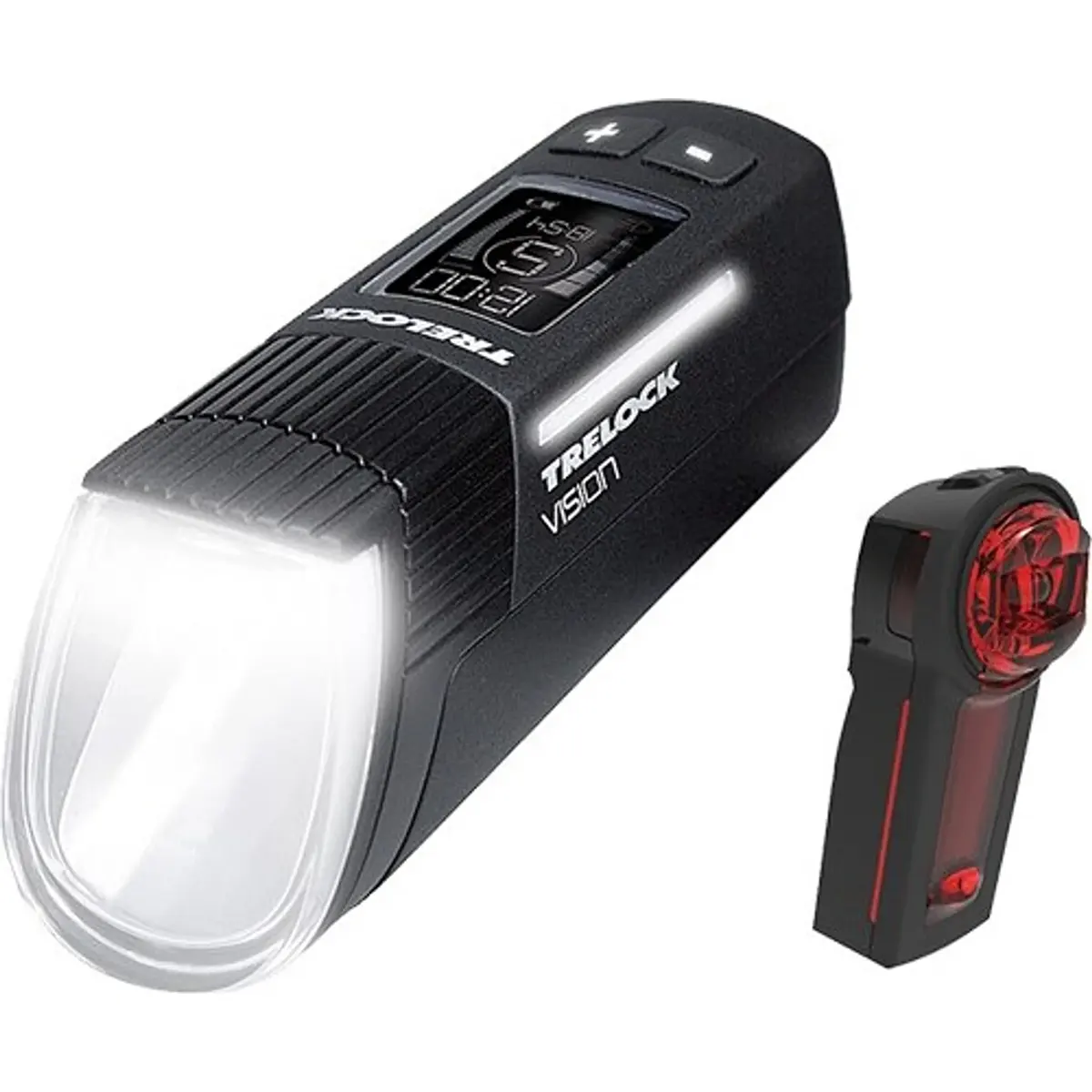 Schwarzes TRELOCK LS 760 / LS 740 Vector Signal Vision Leucht-Set mit digitalem Display, StVZO-Zugelassen, weißer Frontleuchte und rotem Rücklicht.
