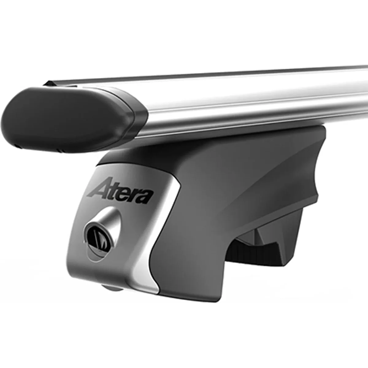 Nahaufnahme des Atera Relingträgers Signo RTD (048 522) Alu Dachträger mit einem 1220 mm Aeroprofil in elegantem silber-schwarzem Design.