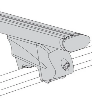 Strichzeichnung des Atera Relingträgers Signo RTD (048 522) Alu Dachträger mit 1220 mm Aeroprofil, die eine verschließbare Befestigung auf einer Autodachreling zeigt - perfekt für alle, die elegante, zuverlässige Atera Dachlösungen suchen.
