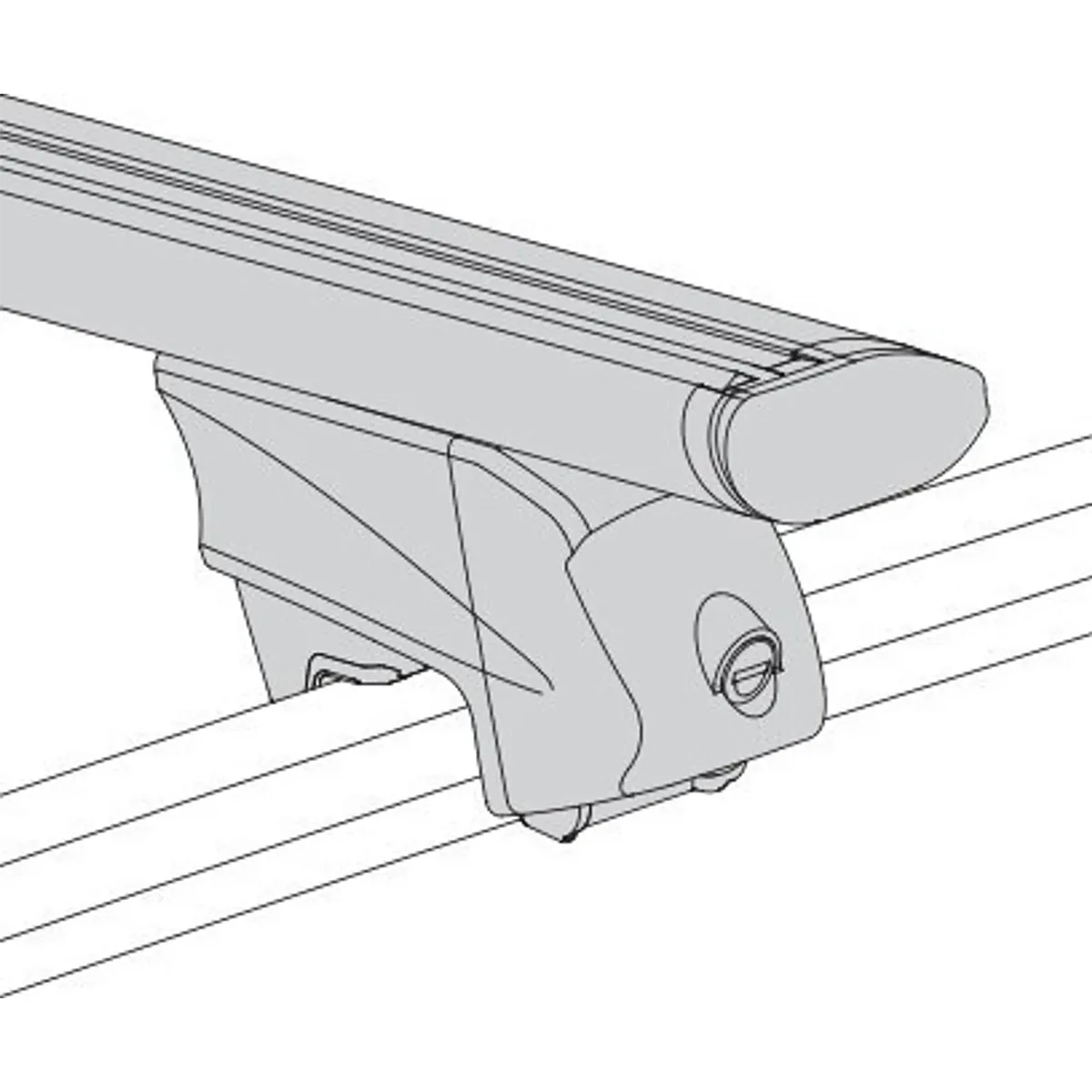 Strichzeichnung des Atera Relingträgers Signo RTD (048 522) Alu Dachträger mit 1220 mm Aeroprofil, die eine verschließbare Befestigung auf einer Autodachreling zeigt - perfekt für alle, die elegante, zuverlässige Atera Dachlösungen suchen.