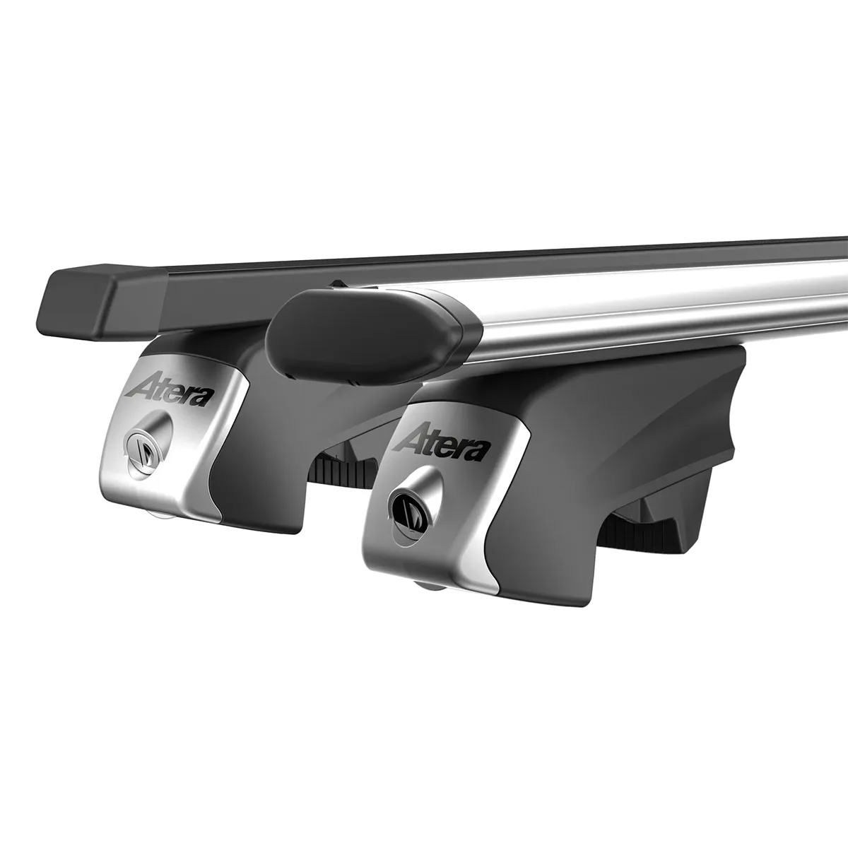 Atera Relingträger Signo RTD (048 522) Alu Dachträger, 1220 mm, silber und schwarz mit Aeroprofil Design und Verriegelungsmechanismus, auf weißem Hintergrund.
