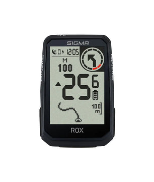 Der SIGMA ROX 4.0 ENDURANCE Fahrradcomputer in schwarz zeigt Geschwindigkeit, Distanz, Zeit und Navigation auf dem Display - ideal zum E-Bike-Tracking.