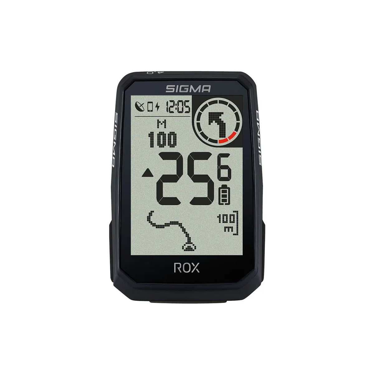 Der SIGMA ROX 4.0 ENDURANCE Fahrradcomputer in schwarz zeigt Geschwindigkeit, Distanz, Zeit und Navigation auf dem Display - ideal zum E-Bike-Tracking.