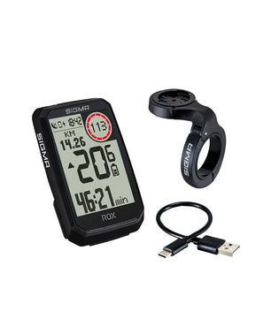 SIGMA ROX 4.0 ENDURANCE Fahrradcomputer von SIGMA in schwarz mit Handlebar-Mount und USB-Kabel für präzise Navigation, ideal für E-Bike-Touren - abgebildet auf weißem Hintergrund.