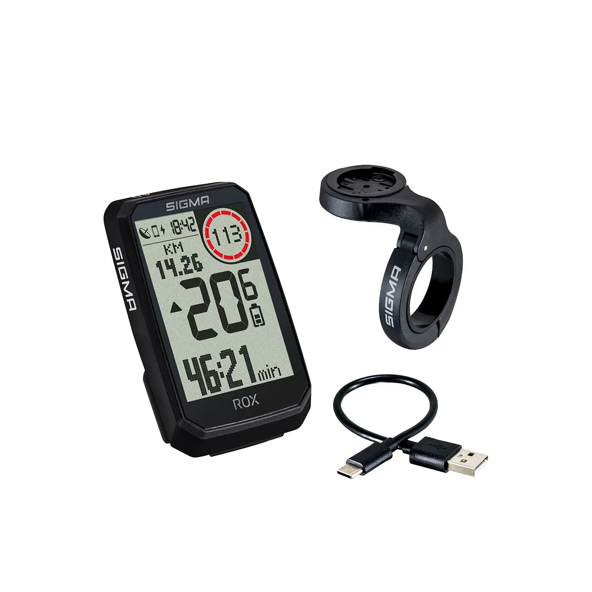 SIGMA ROX 4.0 ENDURANCE Fahrradcomputer von SIGMA in schwarz mit Handlebar-Mount und USB-Kabel für präzise Navigation, ideal für E-Bike-Touren - abgebildet auf weißem Hintergrund.