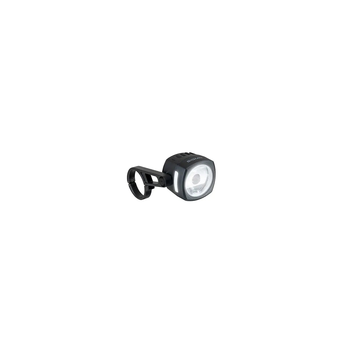 Die SIGMA EOX FL 150 Frontleuchte - schwarz, mit Lenkerhalterung, 150 Lux Helligkeit und Tagfahrlichtfunktion, ist auf weißem Hintergrund abgebildet.