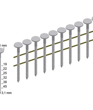 Schema mit PREBENA-Nägeln (19-45 mm lang, 3,1 mm dick, flache Köpfe), ideal für die Verwendung mit dem Prebena 4X-CNZ45 Druckluftnagler - grün.
