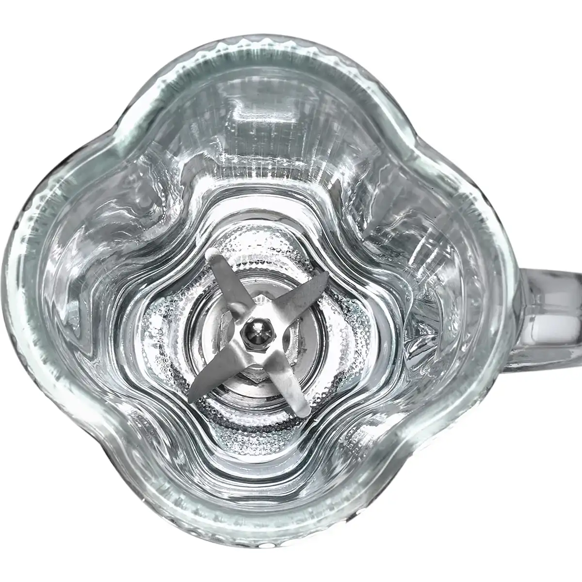 Draufsicht auf den leeren Gastroback Classic Blender 40110 Standmixer-Behälter in Silber mit Metallklingen am Boden - ideal zum Mixen von leckeren Smoothies.