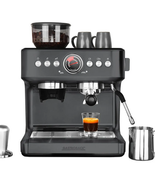 Die GASTROBACK Design Espresso Advanced Urban Duo 42627 Espressomaschine in Schwarz von Gastroback verfügt über eine Abstellfläche für Tassen, wird mit einem Tamper und einem Milchaufschäumbecher geliefert und bereitet einen Espresso zu. Sie ist mit einem integrierten Kegelmahlwerk für frisch gemahlene Bohnen und dem fortschrittlichen Zweikreis-Thermoblock-System für eine optimale Temperaturregelung ausgestattet.