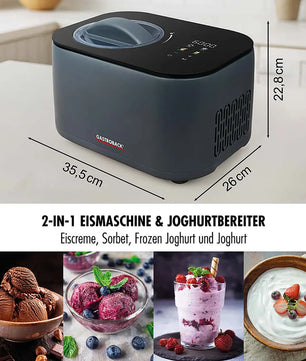 Die Gastroback Mini Gelateria 2-in-1 Eismaschine in schwarz enthält Fotos von Eiscreme, Sorbet, gefrorenem Joghurt und Joghurt.