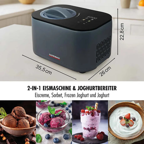 Die Gastroback Mini Gelateria 2-in-1 Eismaschine in schwarz enthält Fotos von Eiscreme, Sorbet, gefrorenem Joghurt und Joghurt.
